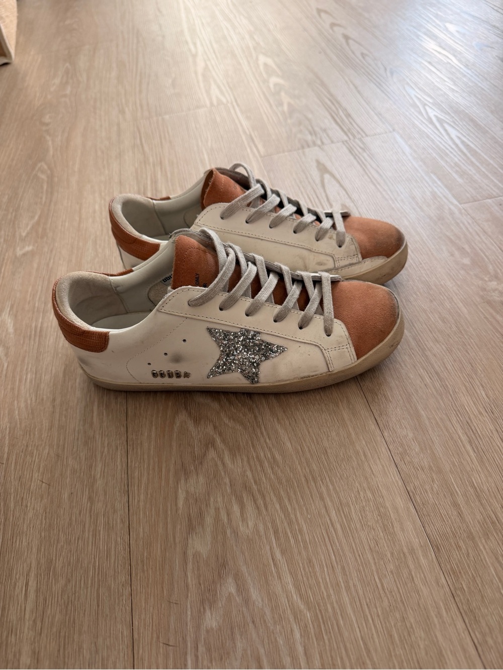 Golden Goose Kids White Sneakers with Brown Suede and Silver Glitter Star